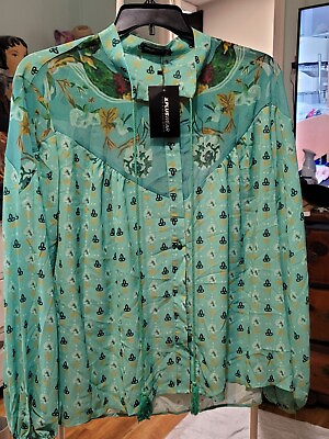 #ad X Plus Wear Size 3XL Lite Green Multi Pattern Design Blouse Long Sleeves With... $10.00