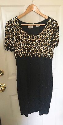 #ad Stenay P10 Black Gold Cocktail Dress Beaded Sequin $62.49