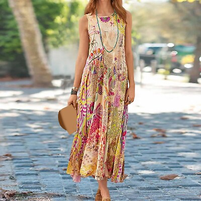#ad Maxi Dresses For Women Summer Sleeveless Boho Sundress Casual U Neck Long $30.18
