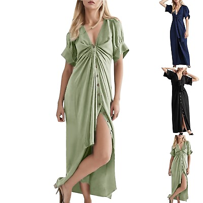 #ad Women#x27;s Maxi Dress Casual Button Bow Wrap V Neck Sexy Slit Bubble Short Sleeve $33.50