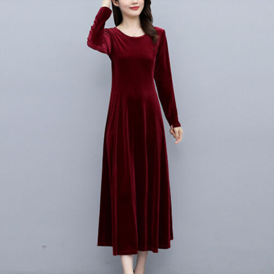 #ad Lady Cocktail Velvet Maxi Dress Long Sleeve Round Neck Swing Evening Party Dress $42.99
