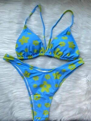 #ad NEW Women’s Blue Yellow Beachwear Swimwear Bikini High Waist Swimsuit Flower M $29.90