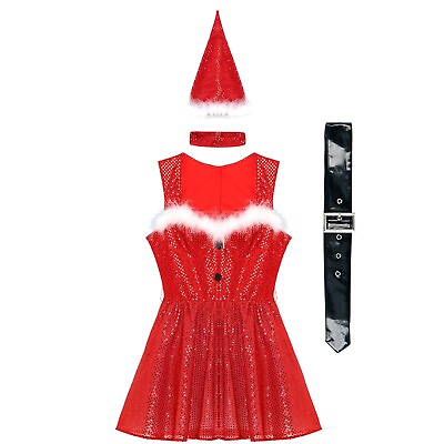 #ad Womens Xmas Party Dress Santa Christmas Sleeveless Clubwear Feather Trim Set $26.52