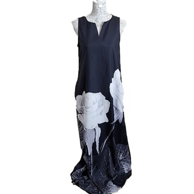 #ad Misslook Dress Maxi Black W Big Roses Sleeveless pockets Party Women#x27;s Small $29.99