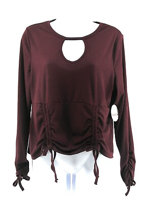 #ad Womens Junior Plus 1X Full Circle Trends LS Cropped Keyhole Cinched Top Burgundy $94.00