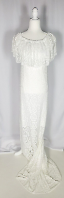 #ad White Crochet Knit Maxi Dress With Train Empire Waist Boho Bridal Gypsy XS S $33.76