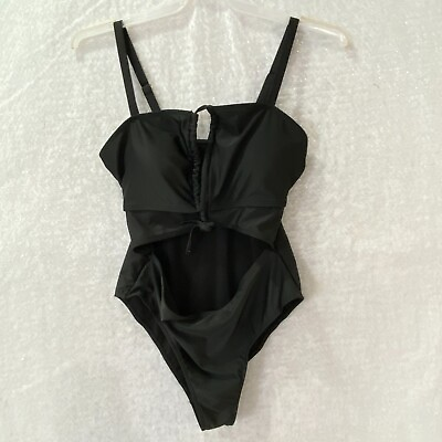 #ad Women One Piece Swimsuit Cut Out Bust Waist M L Black Solid Beach Swimwear $14.99