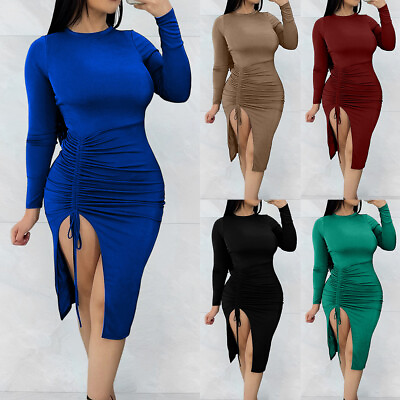 #ad Women#x27;s Long Sleeve Round Neck Lace Up Bodycon Dress Ladies Casual Party Dress $25.29