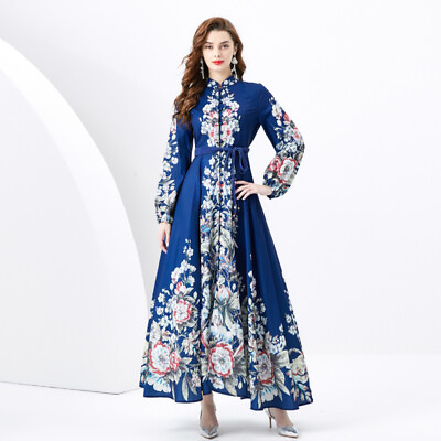 #ad Spring Fall Floral Print High Neck Loops Long Sleeve Women Loose Maxi Dresses $31.99
