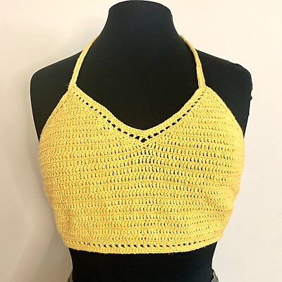 #ad Crochet Bikini Top Halter Crop Bra Yellow Cotton Knit V neck One Size $15.99