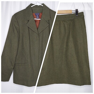 #ad Hillard Hanson Skirt Suit Set Women 14 16 Green Zip Collar Straight Midi Lined $39.93