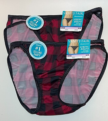 #ad NWT 2 Vanity Fair Illumination String Bikini Panties 18108 Cozier Check Size 6 M $17.99