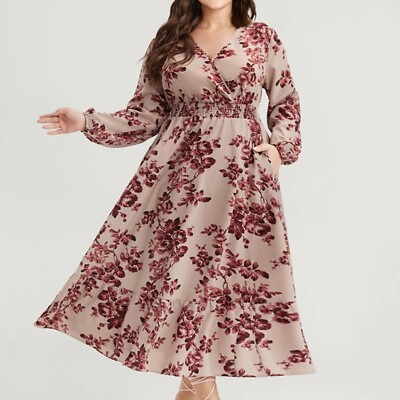 Bloomchic Maxi Dress Plus Size 2X 18 20 Pink Floral Long Sleeve V Neck Pockets $31.99