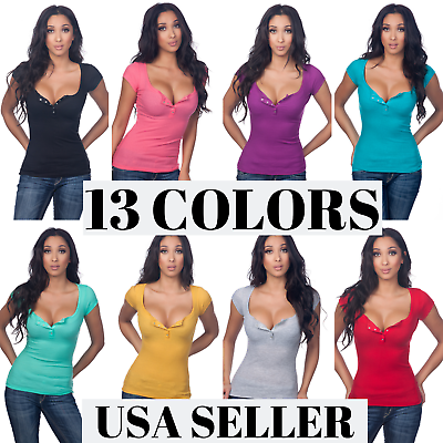 Color Story Junior Sexy Casual Cleavage Ribbed Henley Rhinestone Capsleeve Top $7.99