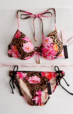 Victorias Secret Swim Bikini Set 32C Push up FABULOUS size XS Side Tie Cheetah $42.95
