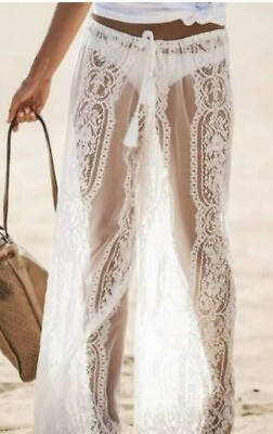 #ad #ad NWT Aakaa lace Swim beach Cover Up Pants WHITE Size small  resortwear $38.00