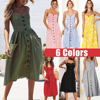 Women Summer Dresses Boho Spaghetti Strap Button Swing Midi Beach Dress W Pocket $15.99