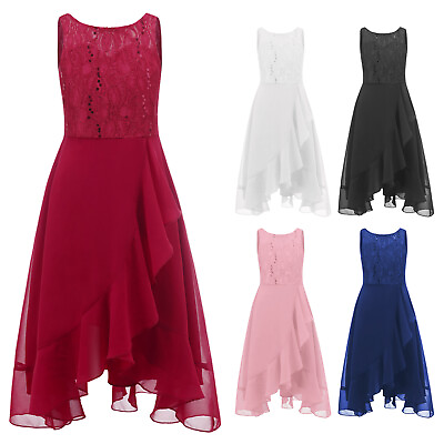 #ad Kids Girl Party Dress Sleeveless Cascading Ruffle Asymmetrical Hem Chiffon Dress $19.89