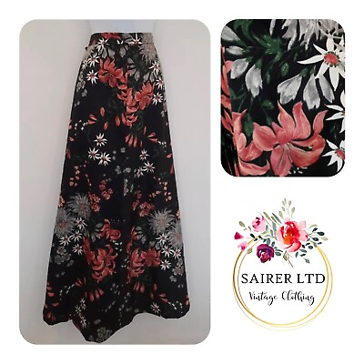 Vintage Skirt Size 12 Black Pink White Floral Lily Long Maxi Tall Bohemian Boho GBP 45.00
