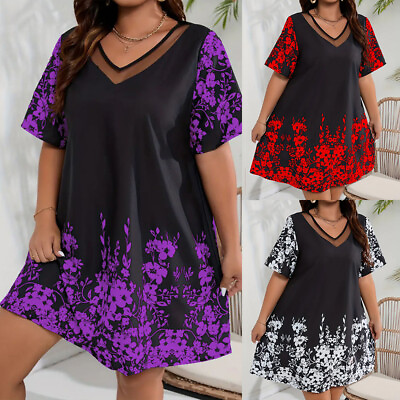 #ad Plus Size Womens Printed Mesh Mini Dress Ladies Holiday Casual Loose Sundress $20.59