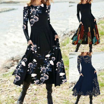 #ad Plus Size Womens Floral Long Sleeve Swing Dress Ladies Casual Long Maxi Dresses $37.09