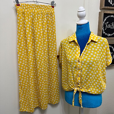 #ad Show Me Your MuMu 2 Piece Maxi Skirt Set Blouse Yellow Floral Short Sleeve XS $27.78