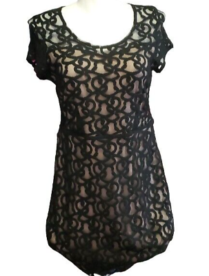 #ad Lane Bryant Black Lace Over Beige Lining Short Sleeve Cocktail Dress Size 14 $30.00