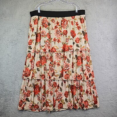 #ad Floral Tiered Maxi Skirt Women’s Plus Size 22 Brown Pull On Flowy Stretchy boho $19.58