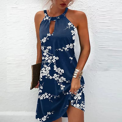 #ad Women Sexy Boho Floral Halter Neck Summer Dress Ladies Holiday Beach Sun Dresses $22.39