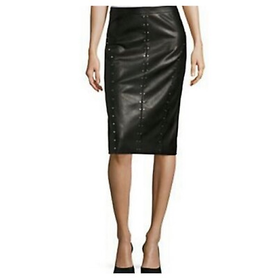 #ad Worthington Black Faux Leather Pencil Skirt Knee Length Lined Studs Slit Size 4 $39.90