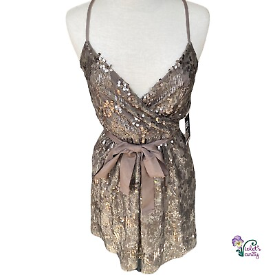 #ad Express Silver Sequin Dress NWT Women’s Sz S Empire Waist Champagne Lace Glitter $44.99