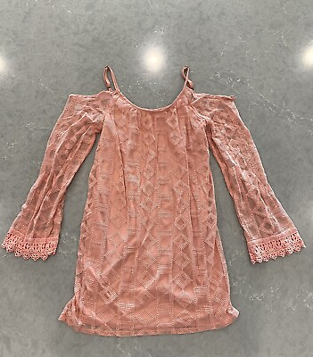 #ad Xhilaration Coral Salmon Cold Shoulder Lace Long Sleeve Boho Dress Size XS $16.99