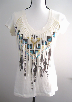 Bongo Sears Womens Native American Style Short Sleeve Fringed Neck T Shirt $10.99