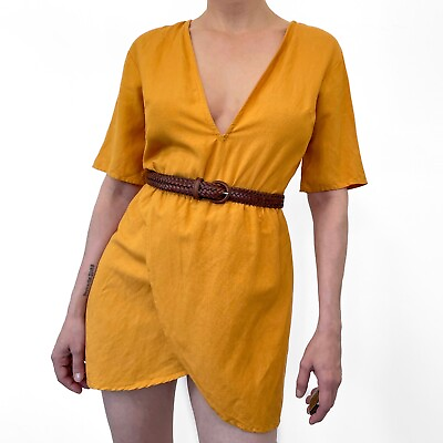 #ad Sabo Skirt Womens Mini Dress Linen Blend XS Faux Wrap Orange V Neck Short Sleeve $29.99
