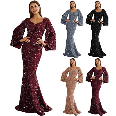 #ad Women Sequin Formal Party Dresses Sweetheart Neck Bell Long Sleeve Wedding Prom $57.53