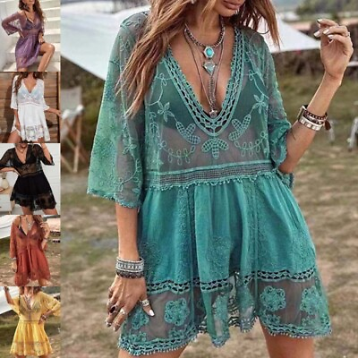 #ad Women Swimsuit Coverup Short Sleeve Beach Cover Up Ladies Summer Casual Swimwear $22.99