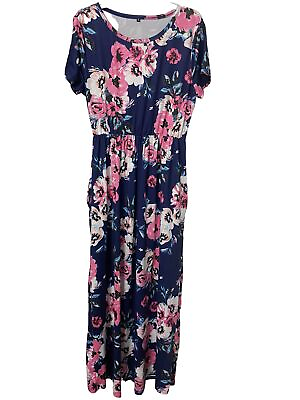 #ad Ladies Maxi Dress Floral Short Sleeve Pockets Round Neck High Waist Preowned $12.78