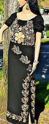 #ad Golden Silk Blossoms: Black Maxi Dress Mexico Embroidered Flowers amp; Butterflies $79.95