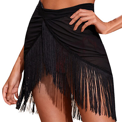 #ad Women Tassel Trim Sheer Beach Skirt Cover Up Skirt Beach Wrap Bikini Swimwear $7.43