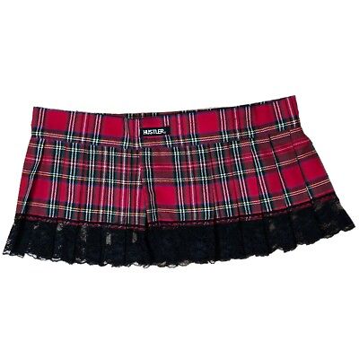 #ad Hustler Red Plaid Naughty Schoolgirl Pleated Lace Mini Skirt Lingerie Costume OS $24.50