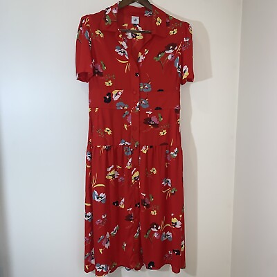 #ad Cabi Afternoon Dress Womens Large Red Floral Midi Pockets Modest Church $30.00