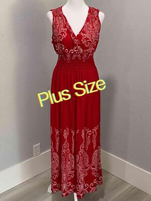 #ad NEW Red White Floral Classic Plus Size Maxi Dress Timeless Flattering $25.00