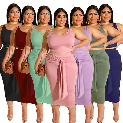 2pcs Women Sleeveless Crop Top Maxi Bodycon Skirt Suit Dress Outfits Plus Size $19.52