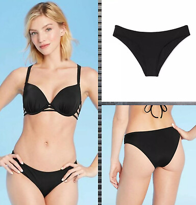 #ad Women#x27;s High Leg Cheeky Solid Black Bikini Bathing Suit Bottom Set Of 2 M 8 10 $19.99
