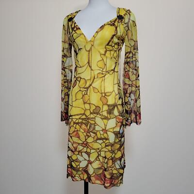 #ad Vivienne Tam Sheer Mesh Party Dress Long Sleeve 0 Knee Length Yellow Flowers $379.61