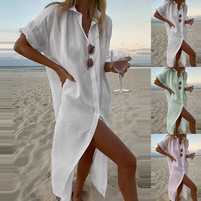 #ad Womens Cotton Linen Loose Shirt Dress Ladies Holiday Beach Long Maxi Dresses US $25.64