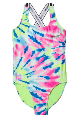 #ad Justice Girls Swimsuit 1 Piece Multi Color Lined Logo Size 7 8 $19.99