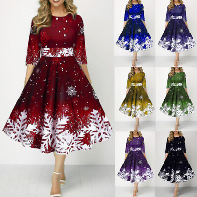 Womens Ladies Christmas Xmas Snowflake Party Elegant Dress Dresses Plus Size $24.25