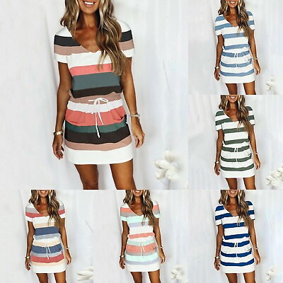 Plus Size Womens Summer Short Sleeve Mini Dress Ladies V Neck Stripe Sun Dresses $15.39