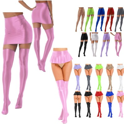 #ad US Womens Glossy Mini Skirt with High Stockings High Waist Skirts Thigh Clubwear $12.40